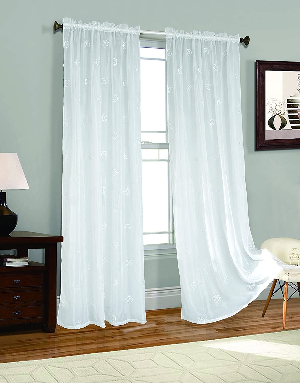 2 Panel Boat’s Wheel Embroider Sheer Voile Window Curtain Drapes 54″ W x 63″