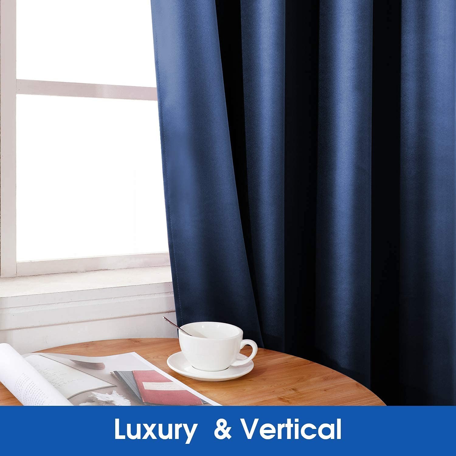 HOMEIDEAS Navy Blue Faux Silk Blackout Curtains 52×96″ Thermal Room Darkening