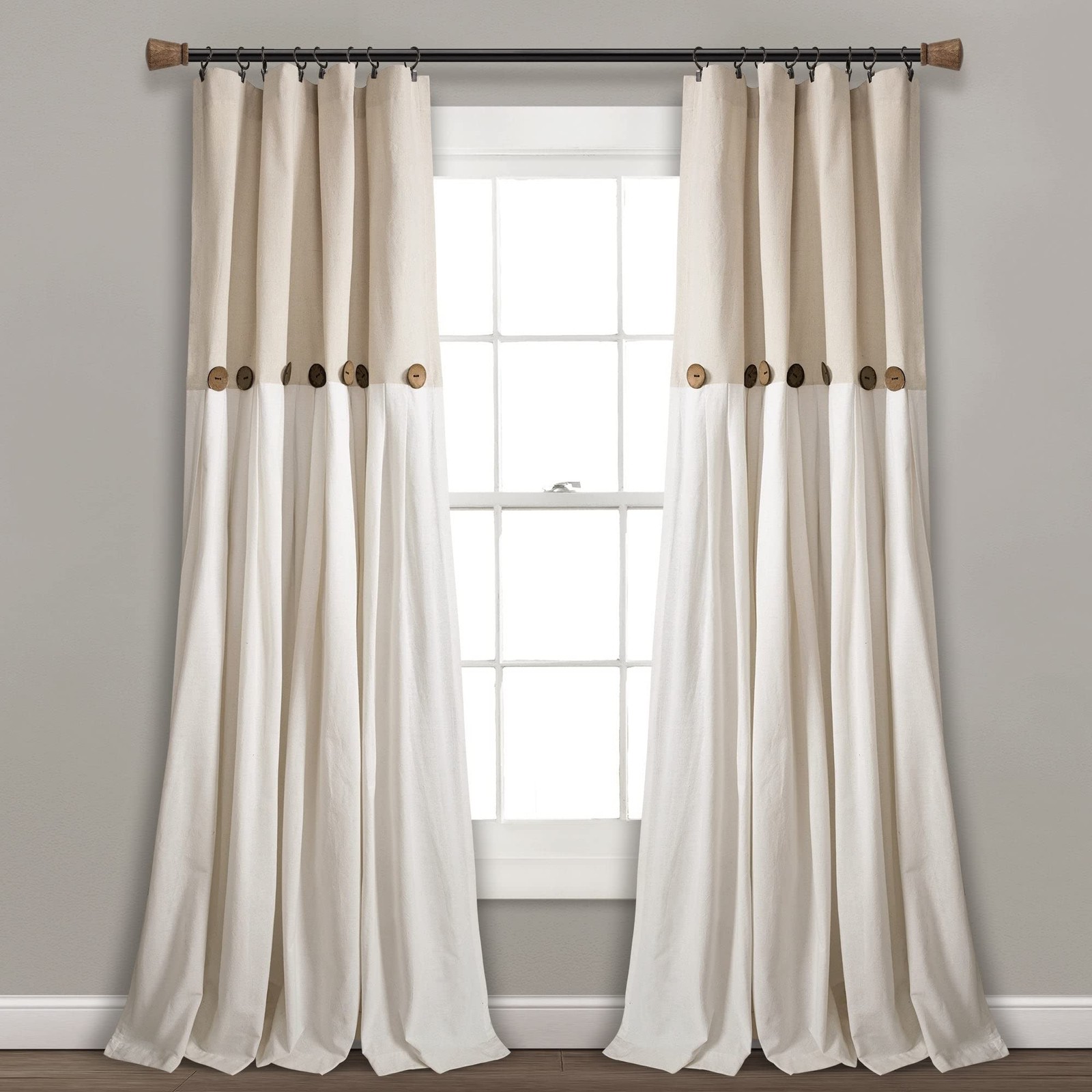 Lush Decor Linen Button Window Curtain Panel, 40″ W x 95″ L, Gray Single panel