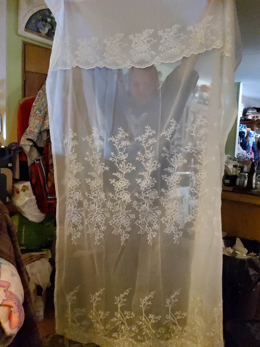 White Sheer Panels56″W X 82″L Floral Embroidered Scalloped 2 Panels W/valance