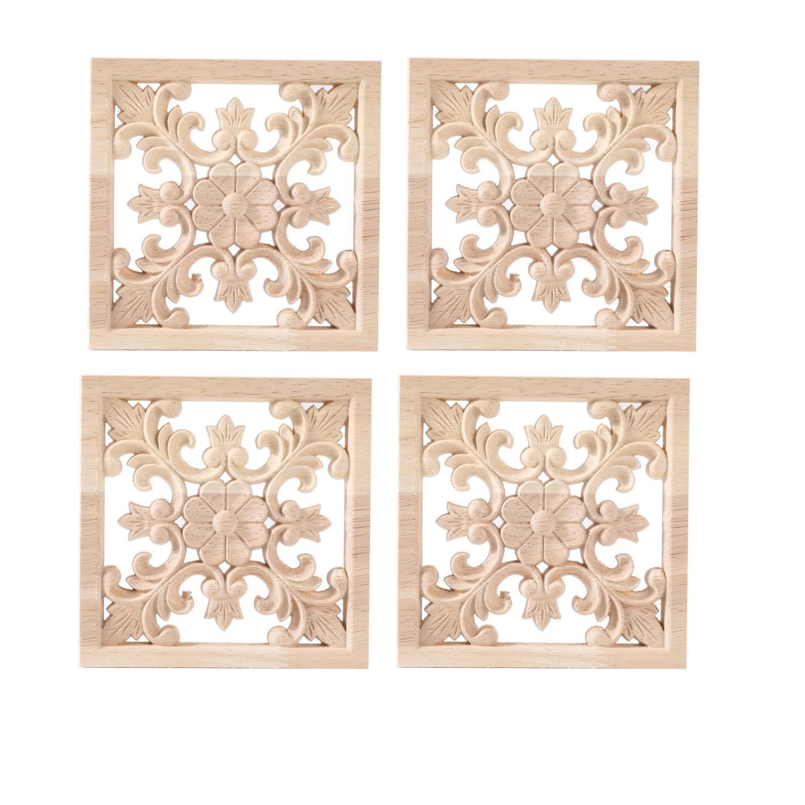 Square Wooden Carved Appliques Onlays Wood Carving Decal Furniture 4 Pcs
