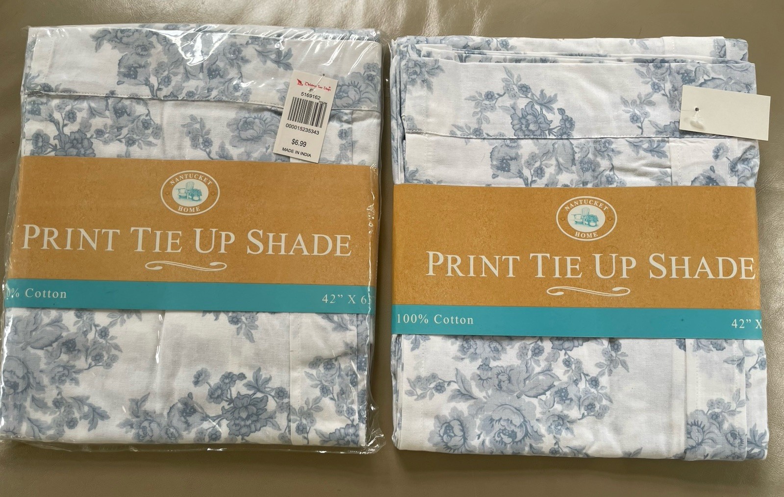 NWT Nantucket Home – 2 Tie Up Shades- Blue Toile – 100% Cotton- 42 x 63”