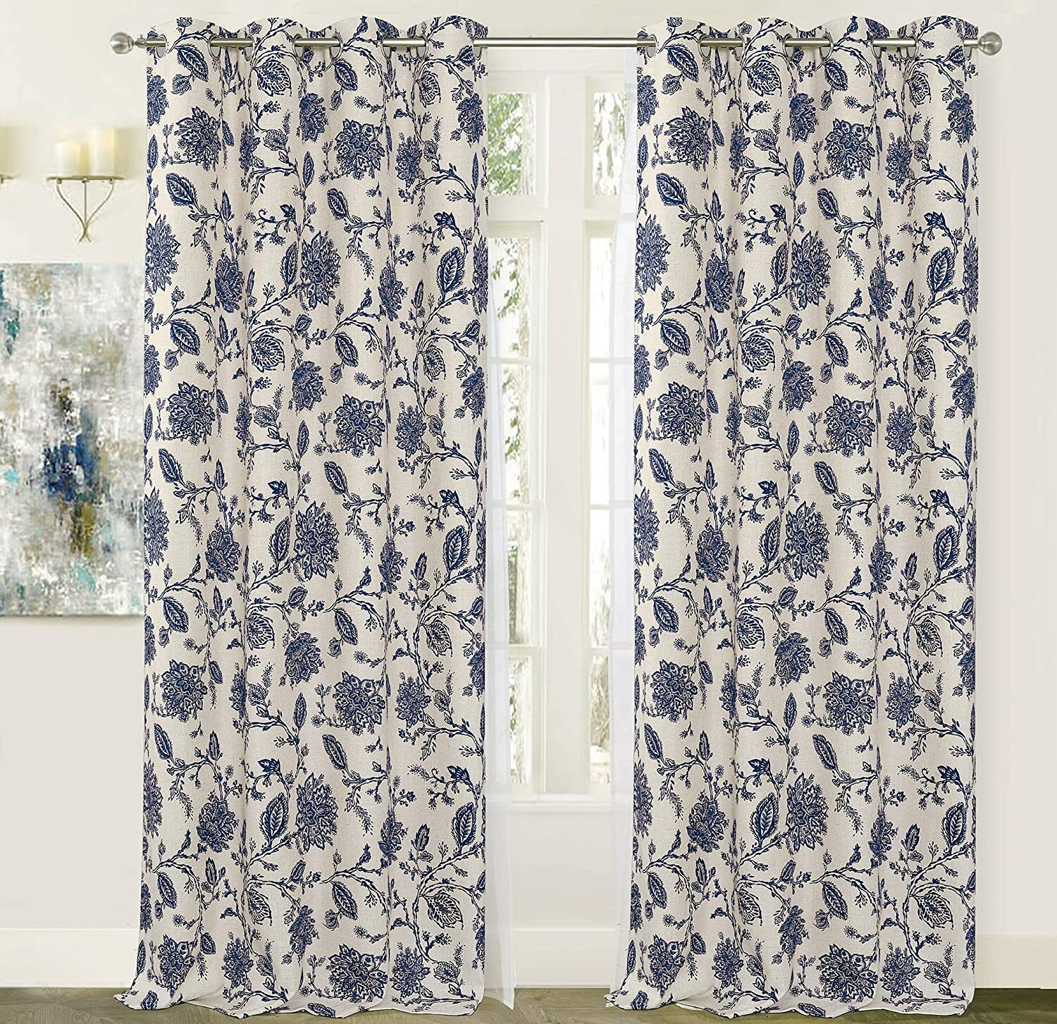 Set 2 Navy Blue Beige Floral Linen Curtains Panels Drapes 63 84 96 in L Grommet