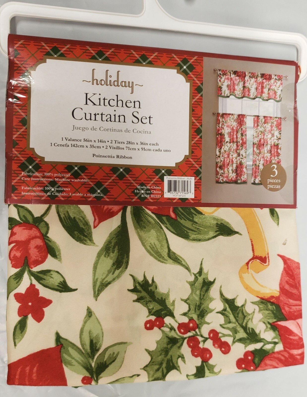 3pc Curtains Set:2 Tiers (28″)& Valance (56″x14″)POINSETTIA & BERRIES #2,Holiday