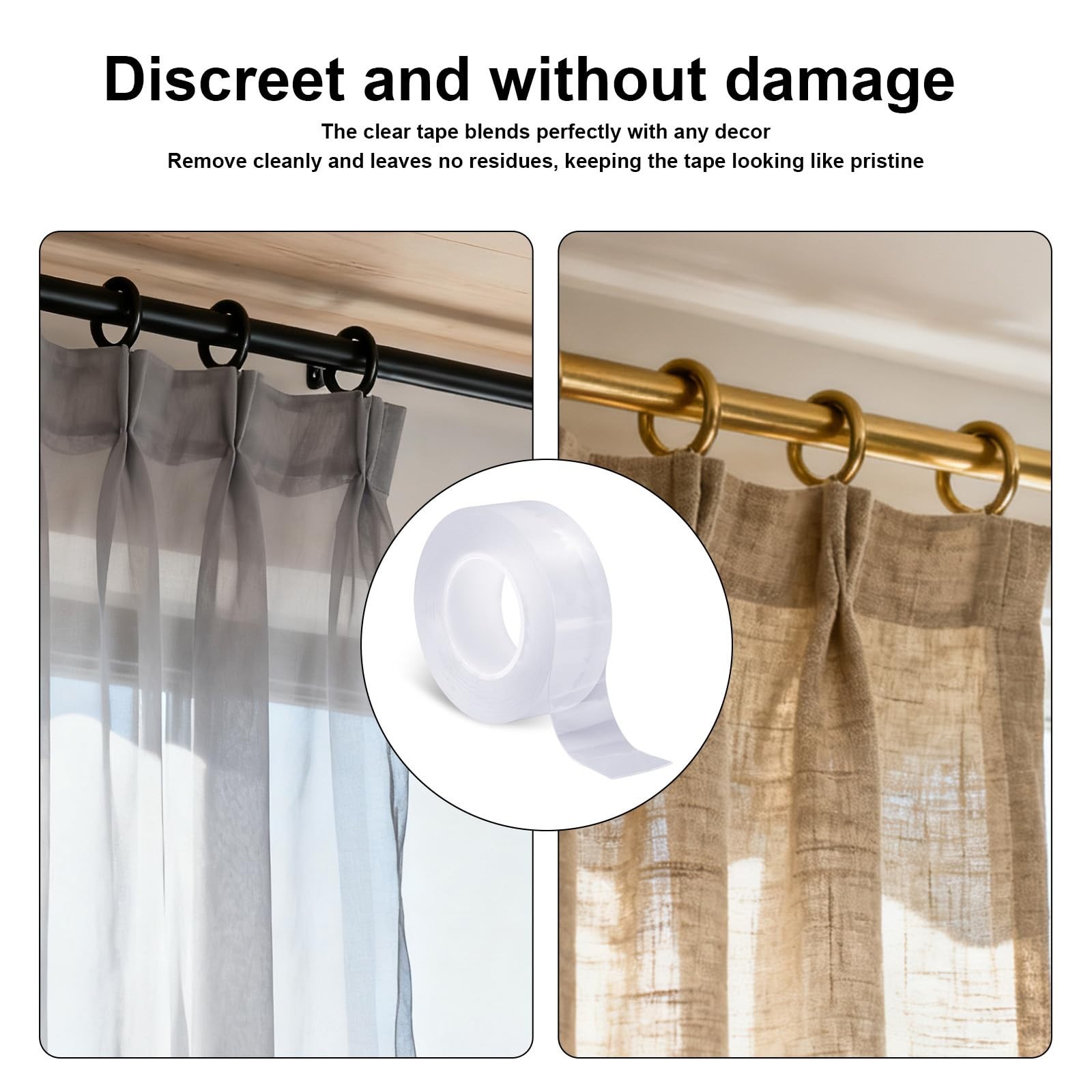 2pcs Clear Curtain Drapery Glide Tape – Smooth Silent Rod Supply, 196in/5m