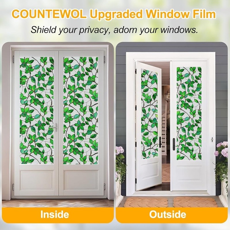 Decorative Window Film Privacy Leaf Pattern Easy Install Removable Static Cling