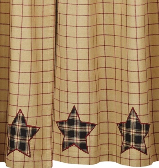 Bingham Star Window Valance Red Tan Windowpane Check w/ Plaid Star Appliques