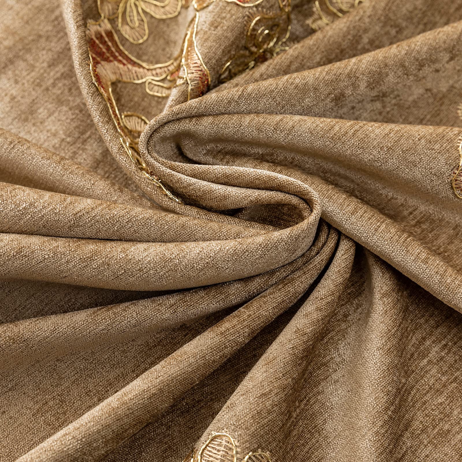 Elkca Coffee Chenille Curtain Classical Embroidered Pattern For Living Room