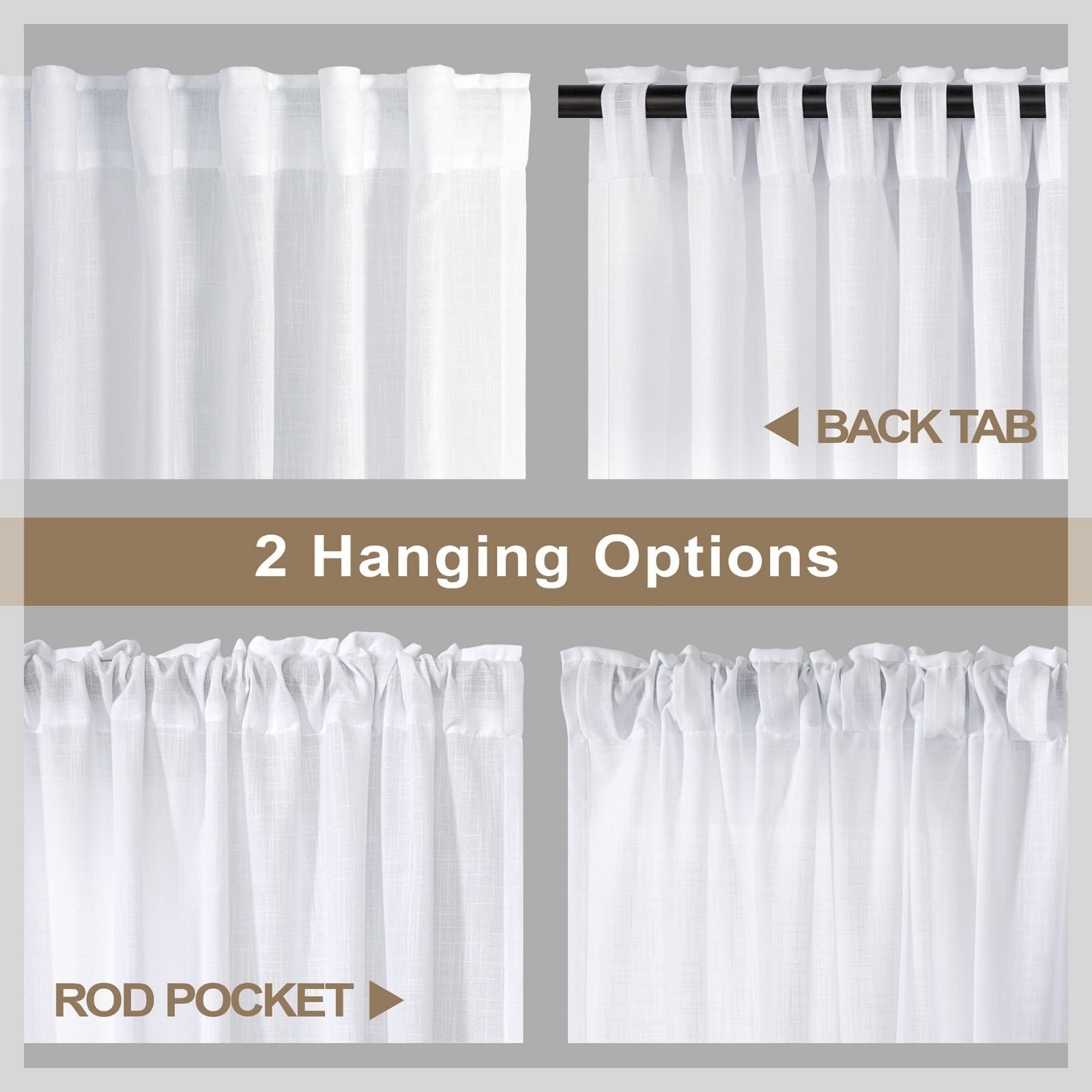 White Linen Textured Kitchen Curtains – 24″ Tier Cafe Curtains, 2 Pcs, Sheer Sho