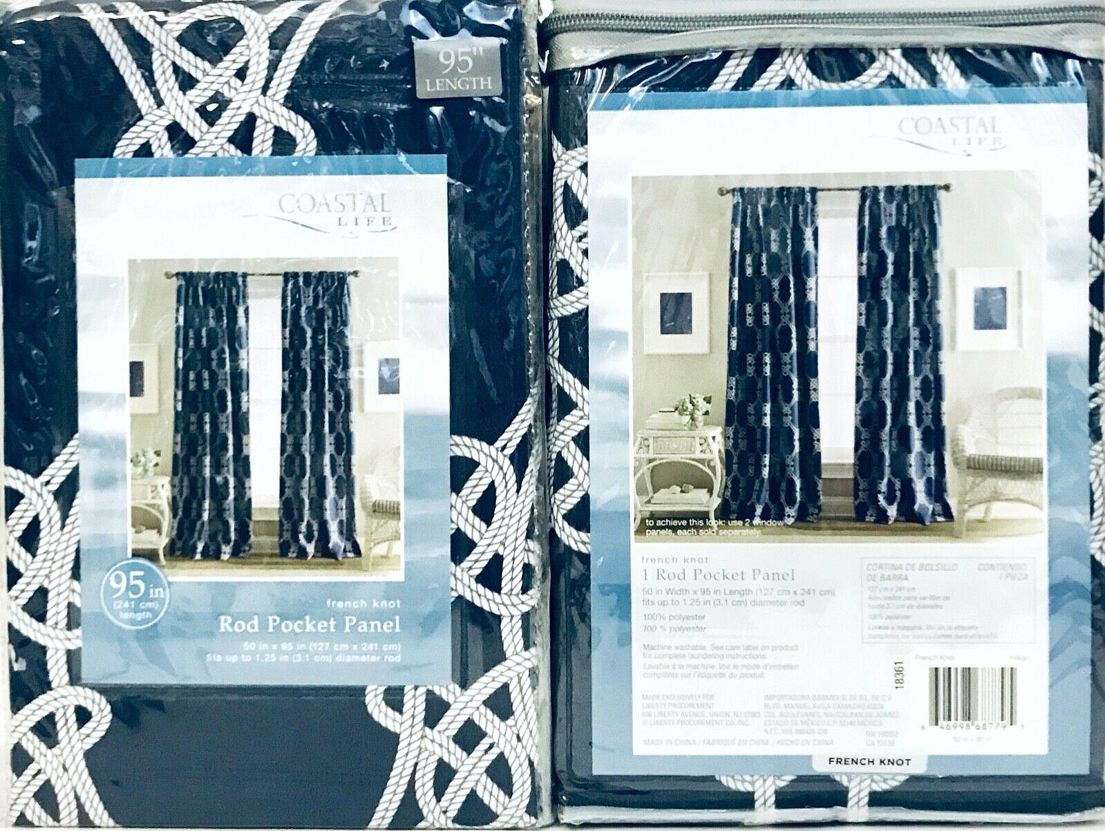 2 Ct Coastal Life French Knot Indigo Polyester Rod Pocket Panel 50″ W X 95″ L