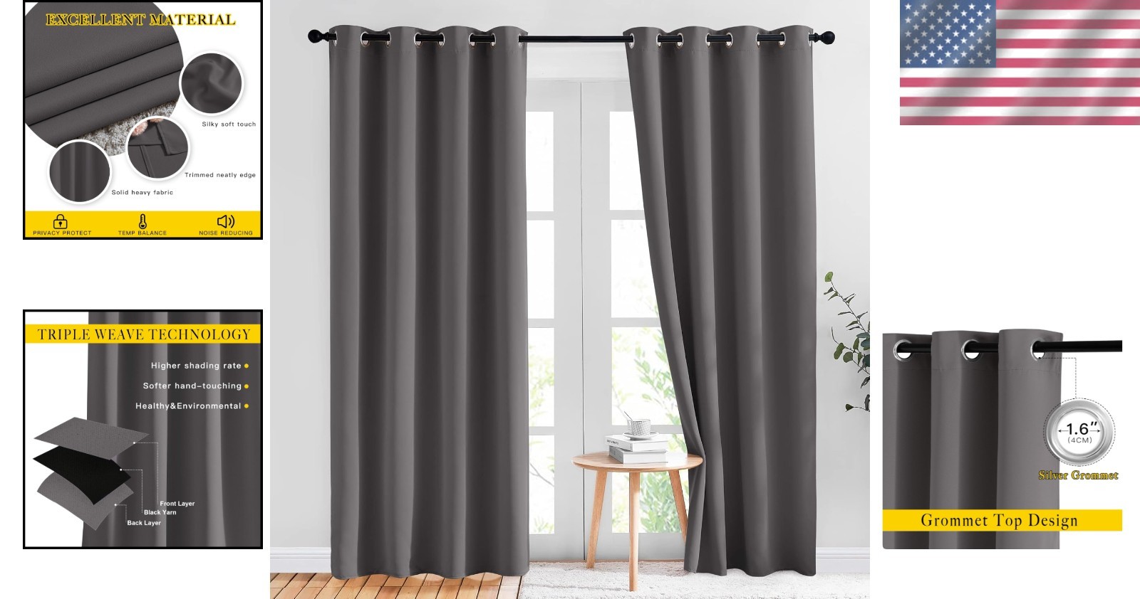 Energy-Efficient Gray Blackout Curtains, 2 Panels – 84” Long Window Treatments