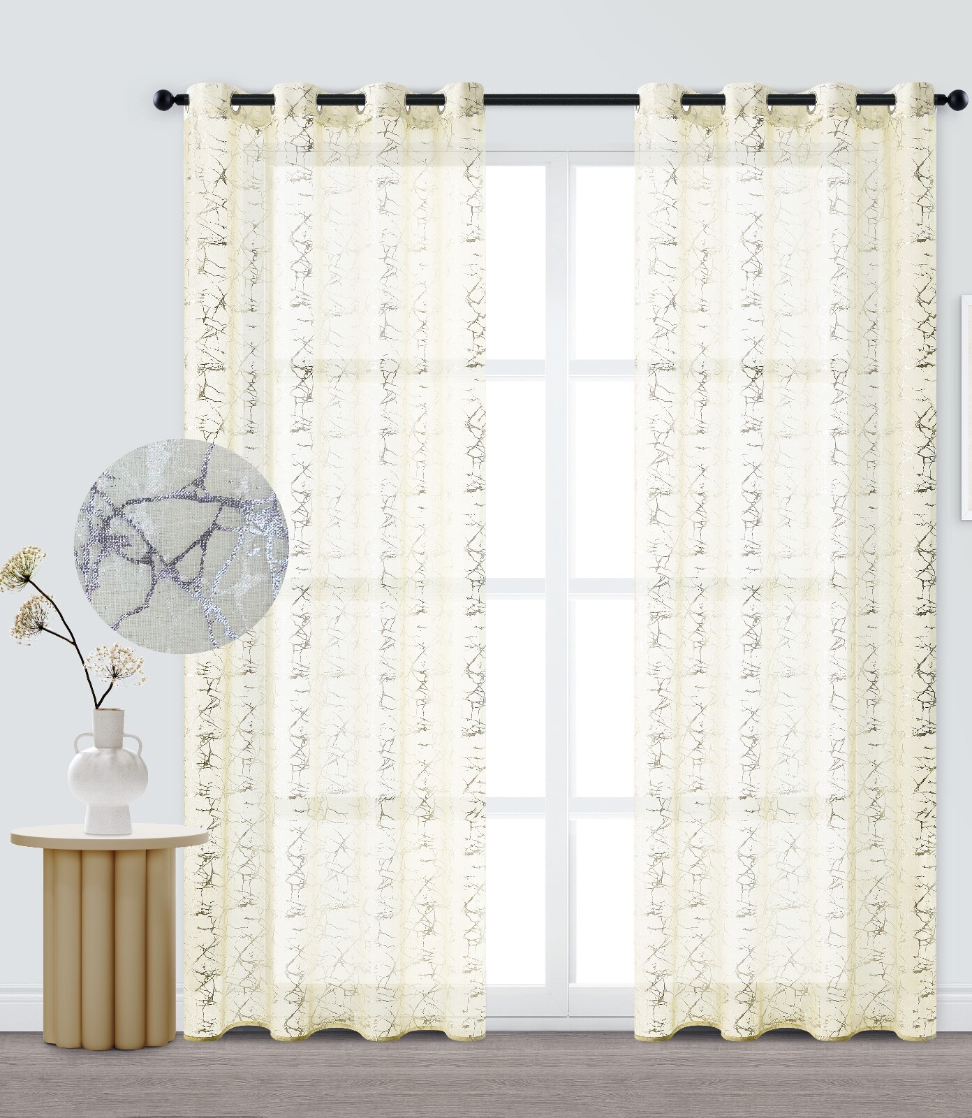Set of 2 Sheer Curtains with Grommet Top and Abstract Design – 3 Sizes, 9 Colors