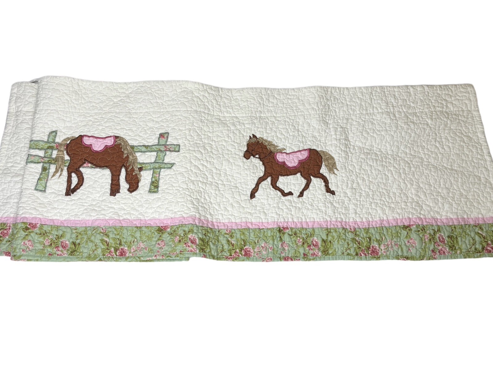 Quilted Cotton Valance Horse Play Floral Girls Room Country Farmhouse 72″ Long
