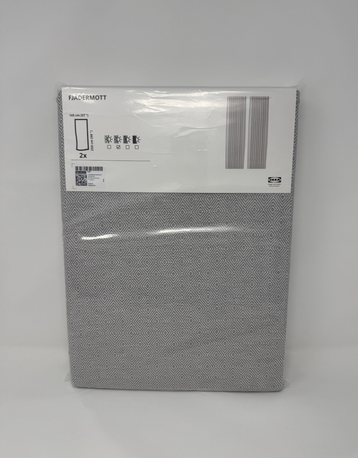 IKEA FJÄDERMOTT Curtains 1 Pair White/Gray Heading Tape 57×98″ 605.045.83 – NEW