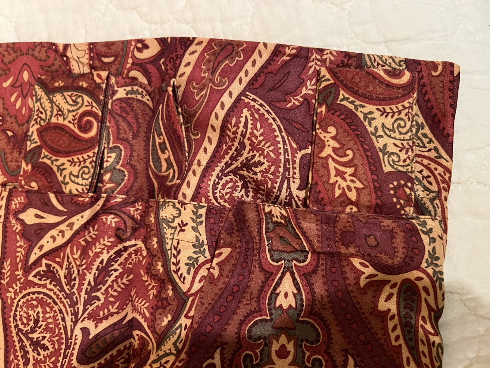 NIP 2 “Dabney” brick red paisley pattern poly tab top drapery panels, 53″Wx84″L