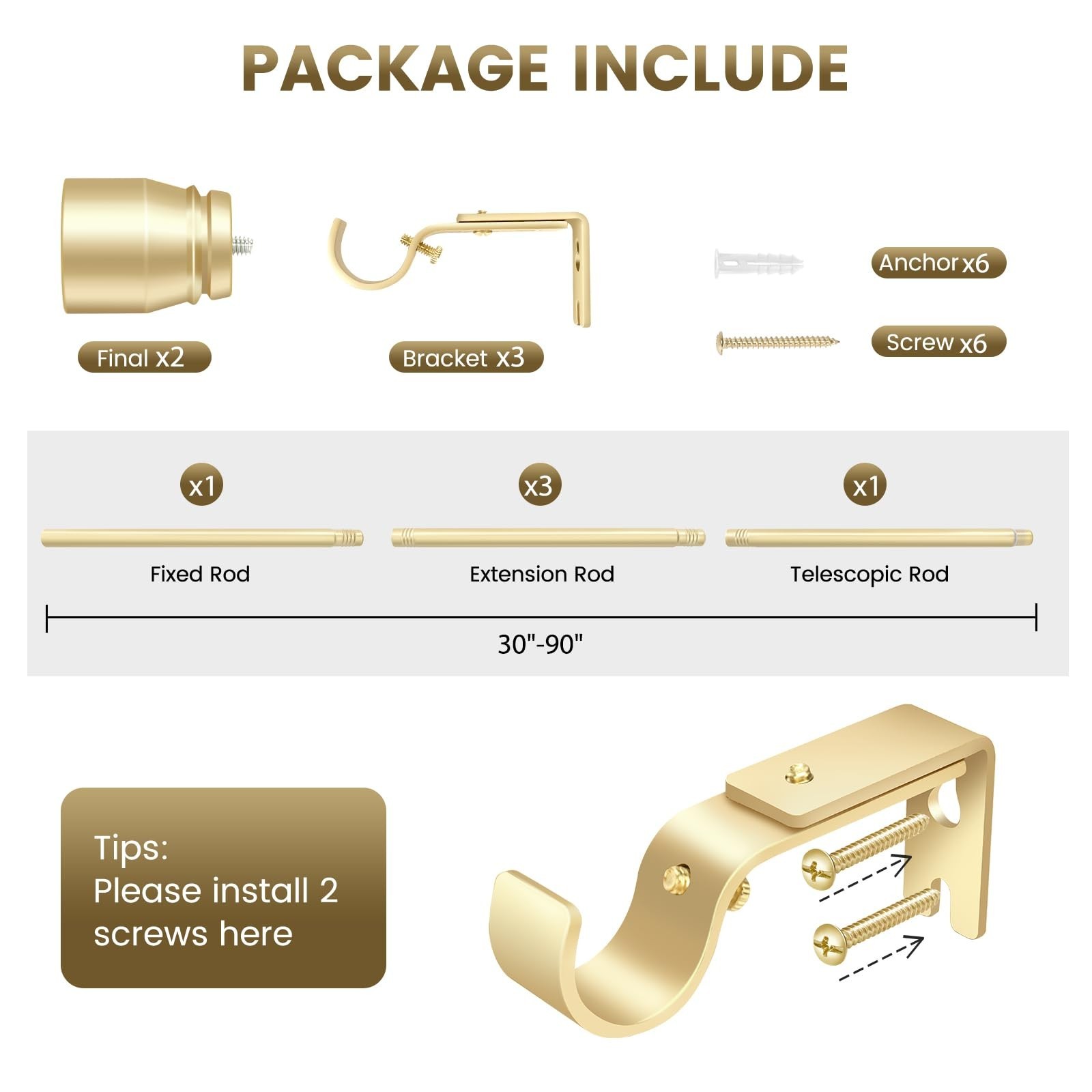 1” Diameter Gold Curtain Rods Itself is 30 to 90 inch, 1 Pack Fit 30-84 in