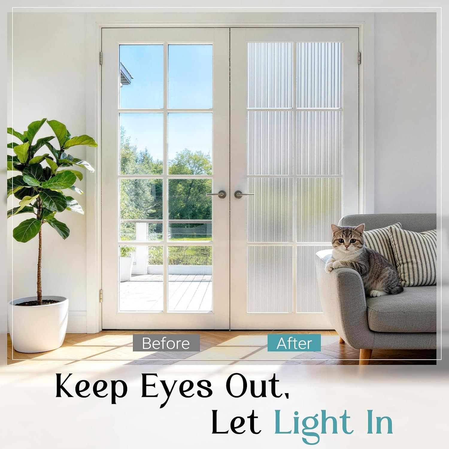 Reeded Glass Window Privacy Film, Static Cling Non-Adhesive Frosted Film, UV Blo