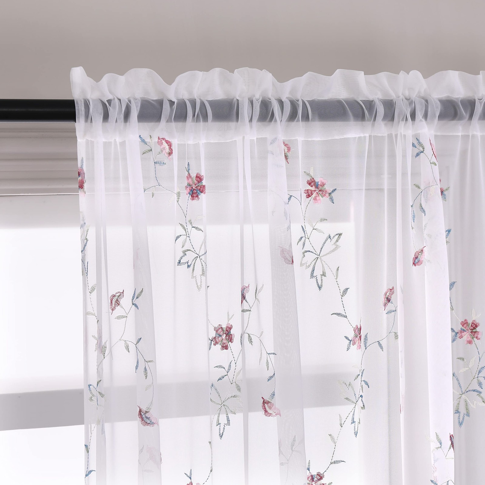 Floral White Sheer Curtains Flower Print Vine Embroidery Bedroom Curtain Rod …