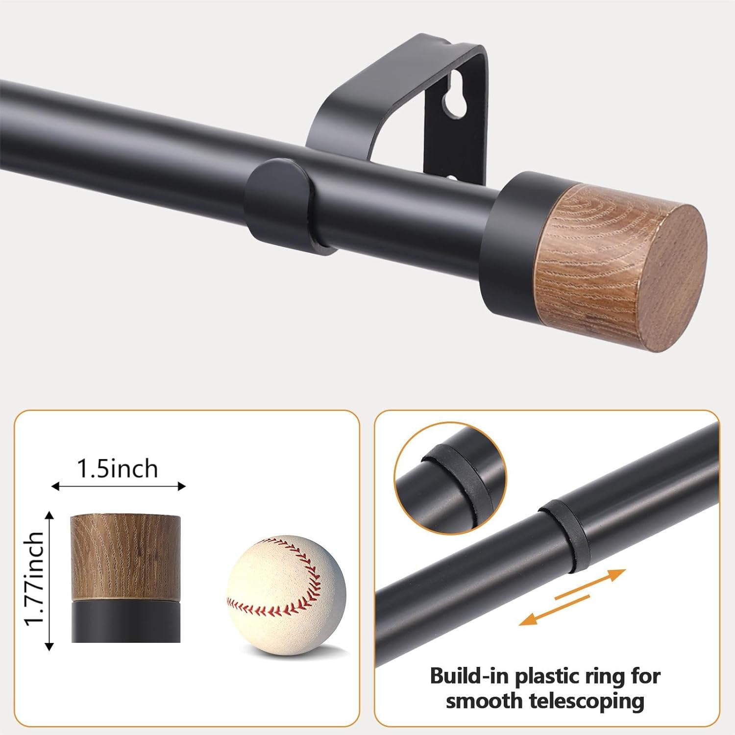 Wood Curtain Rods for Windows 48 to 84 Inches(4-7Ft),1 Inch Adjustable Window Cu