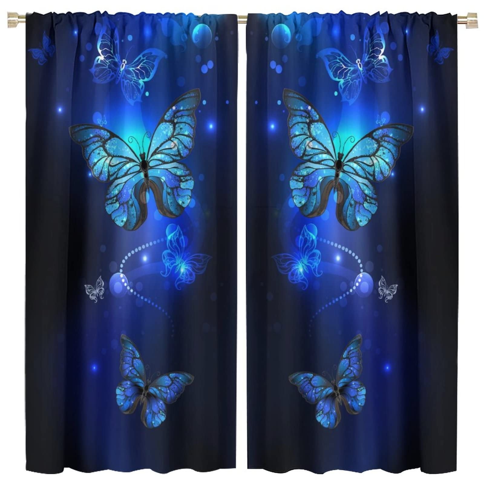 Blue Butterfly Curtains,Glowing Butterflies Black Background Thermal Insulate…