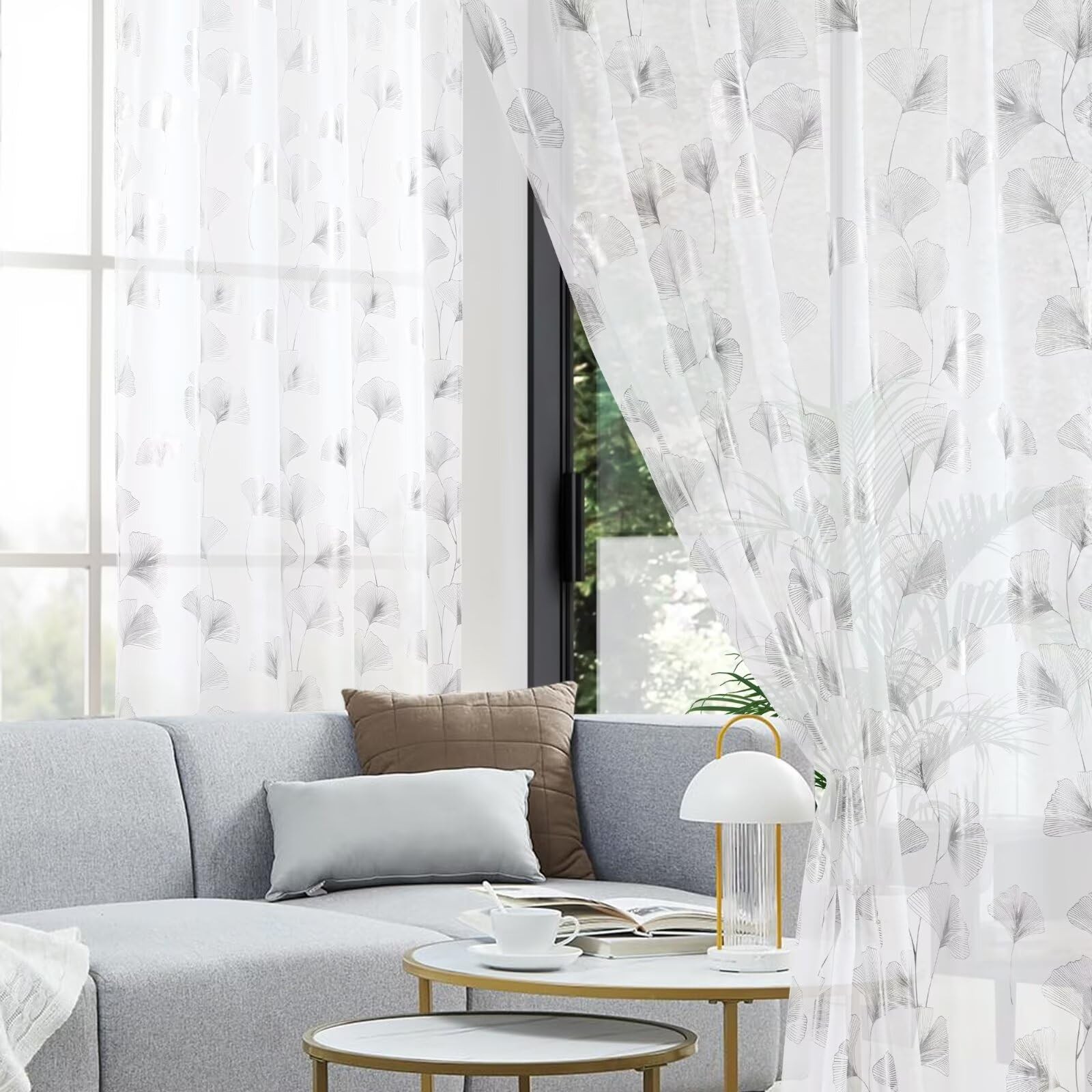 Silver Foil Print Sheer Curtains, 2 Panels Ginkgo Bronze Treatment Sheer Vo…