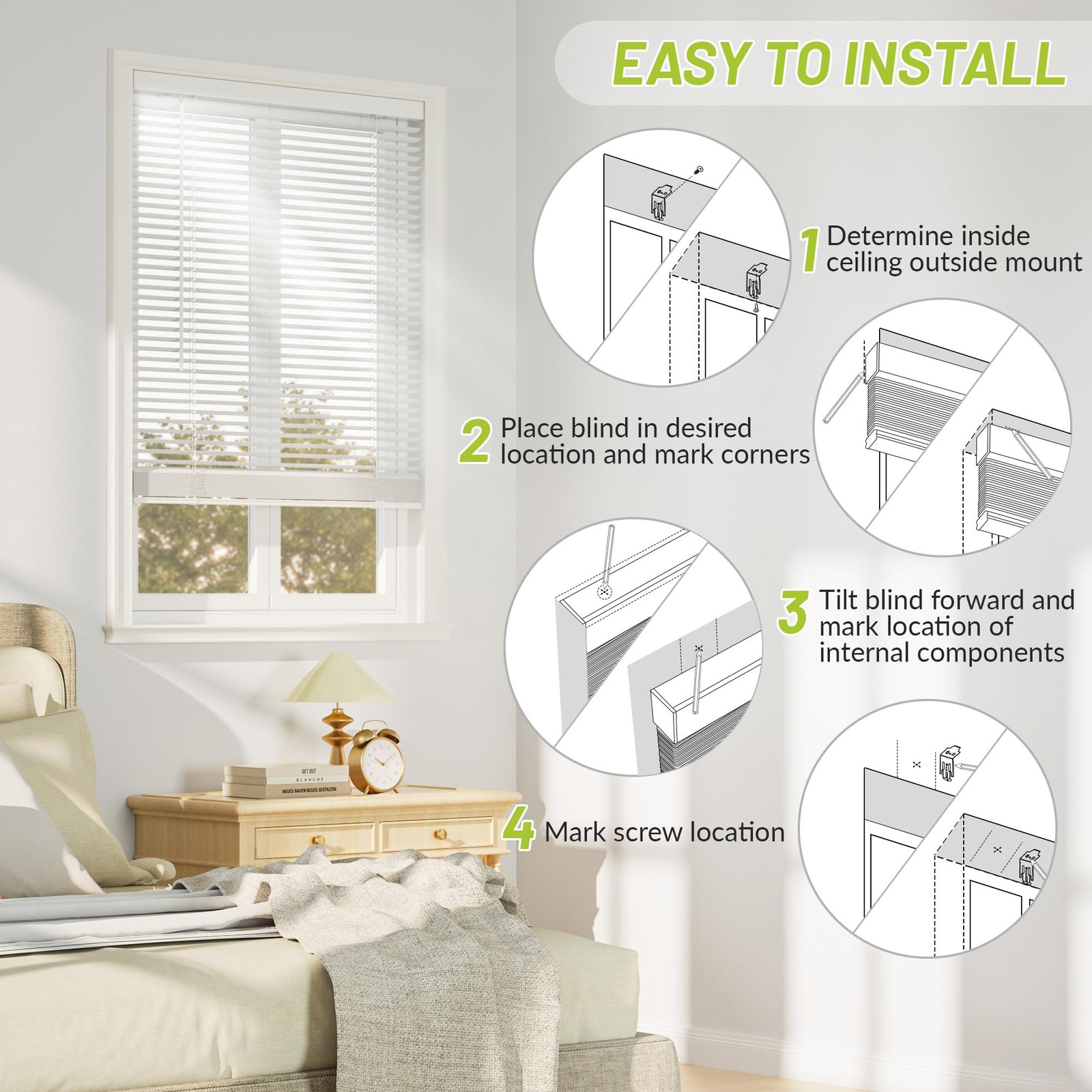 1″ Cordless Room Darkening Window Blinds, 35″ W x 64″ H White