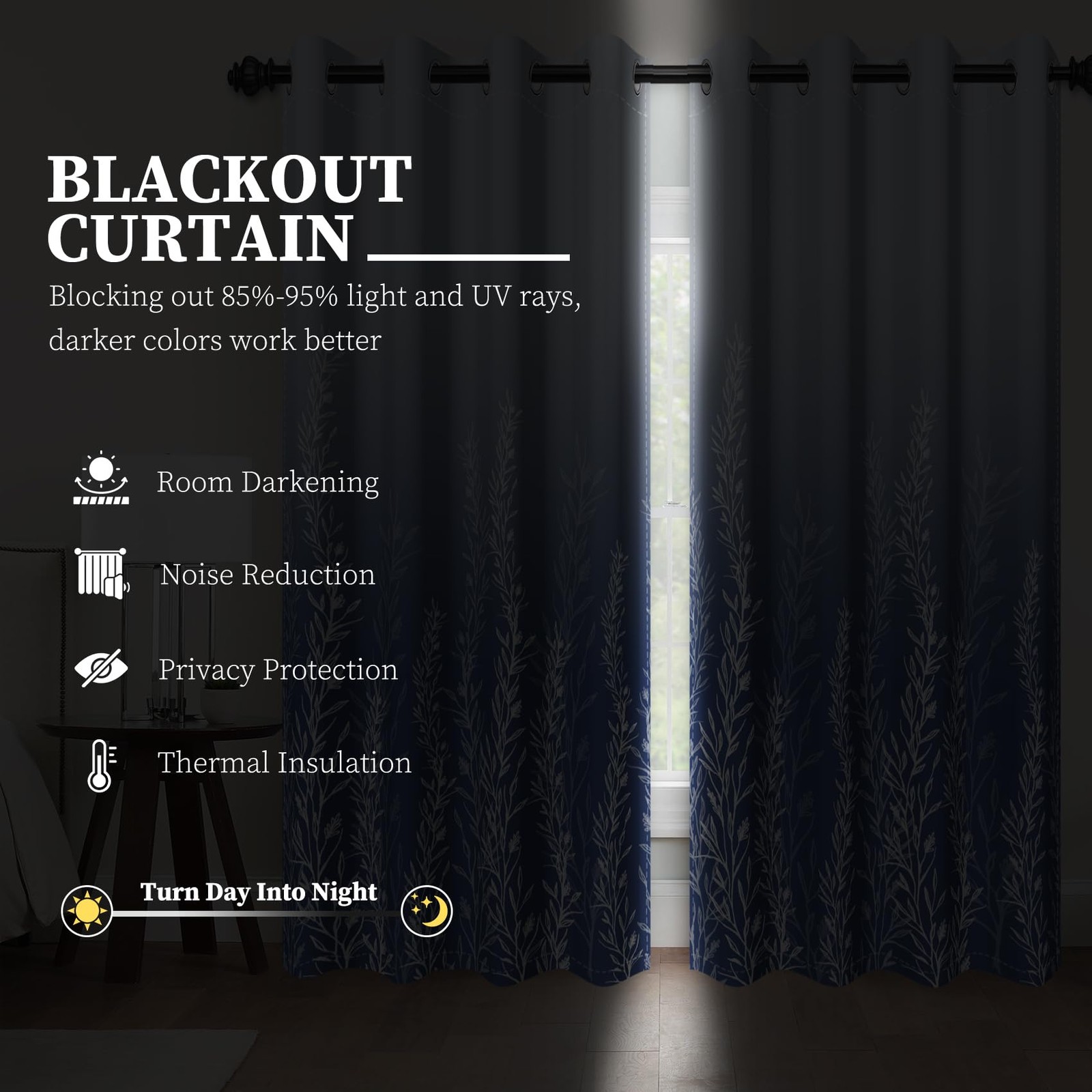 Blue Grey Gradient Wild Grass Blackout Window Curtains, Abstract Art Botanica…