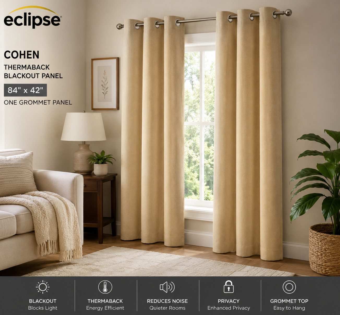 New Eclipse Cohen Thermaback Drape/Panel Blackout One Grommet Panel 84″ x 42″