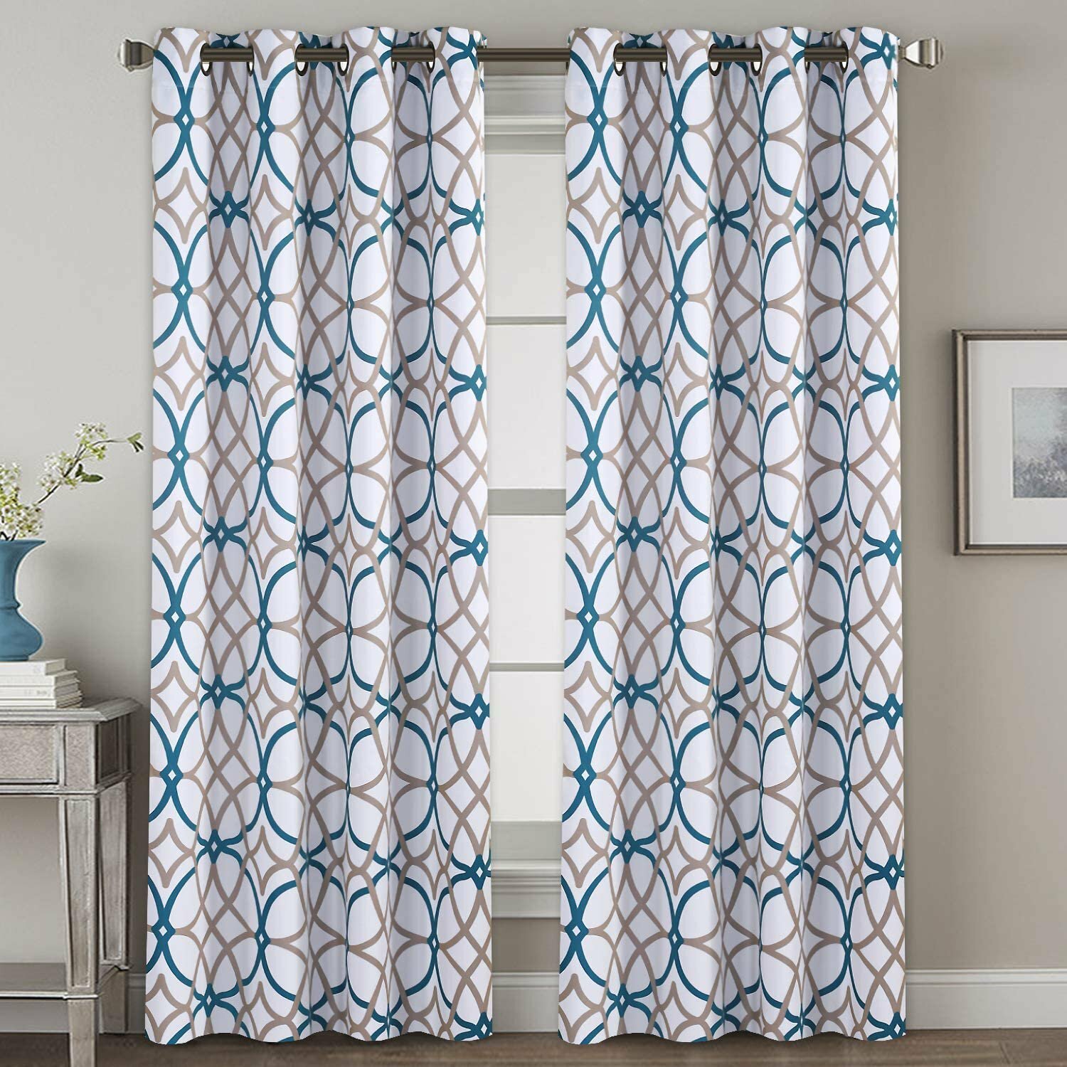Set 2 Teal Taupe Brown Geo Curtains Panels Drapes 63 84 96 108 Darkening Grommet