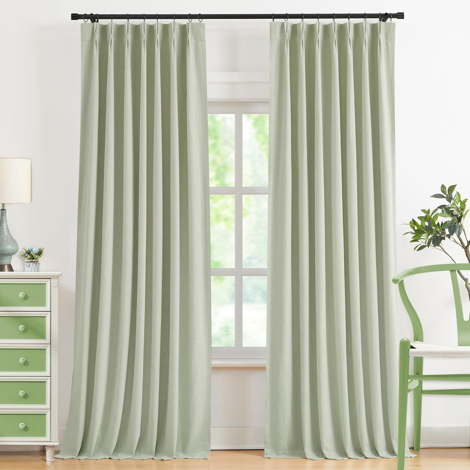 Soft Green Pinch Pleat Blackout Curtain Panels 95 Inches Length | Linen Blended