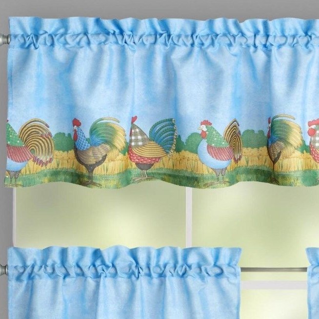 Debbie Mumm Chicken ROOSTER Farm Curtains ~ Tier and Valance Set 36L Blue