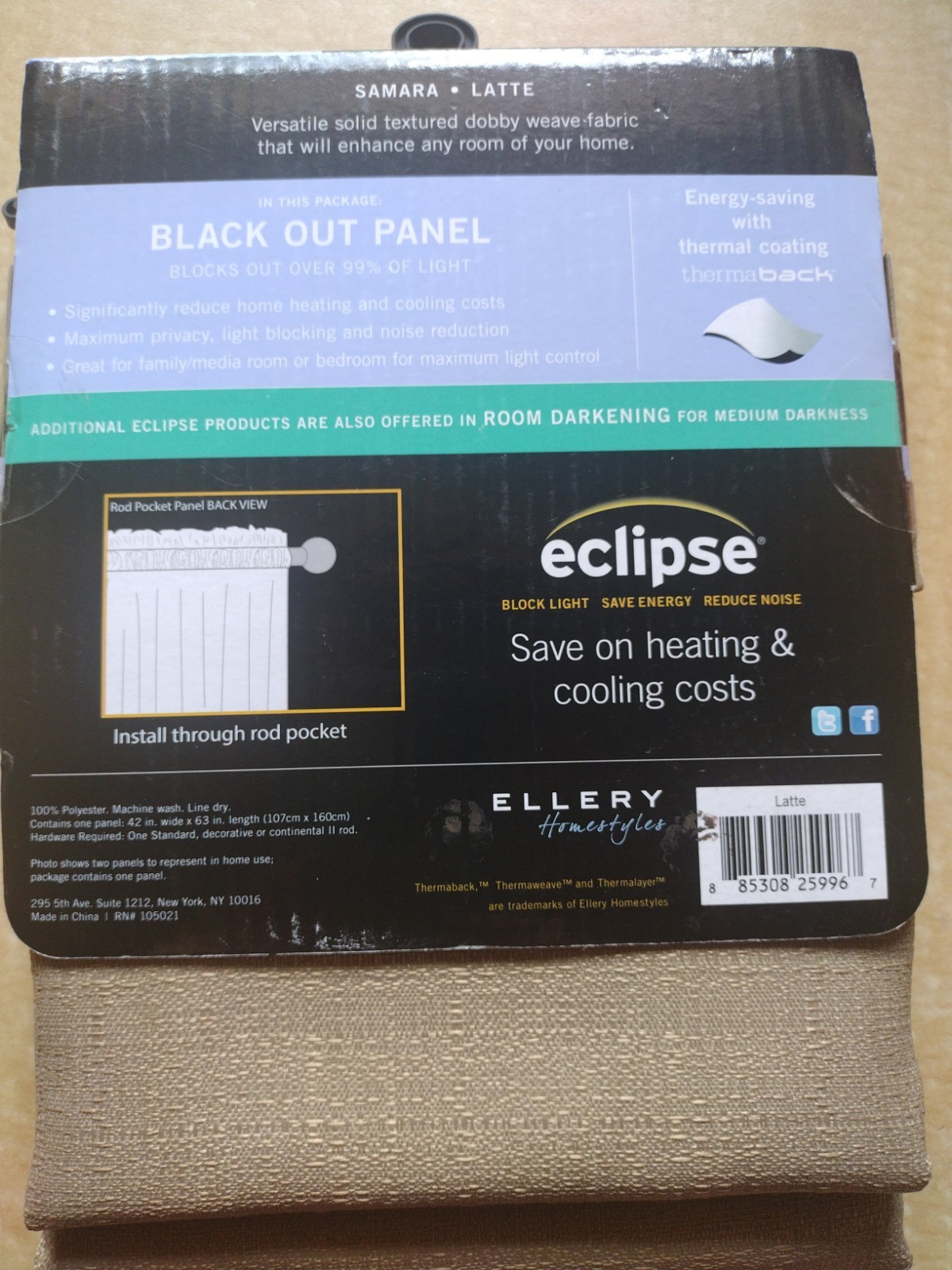 Eclipse Curtain 1 Panel Samara Latte 63” Blackout Rod Pocket New
