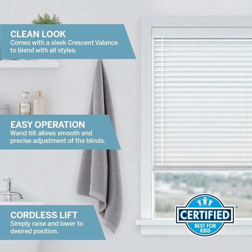 Basics 2” Faux Wood Horizontal Blinds for Indoor Windows, 34” W x 72” H, Cord…
