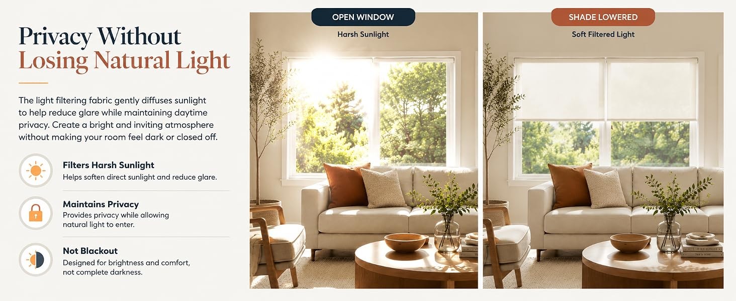 Cordless Roller Shades for Windows, Pull Down Window Blinds, Easy Install with