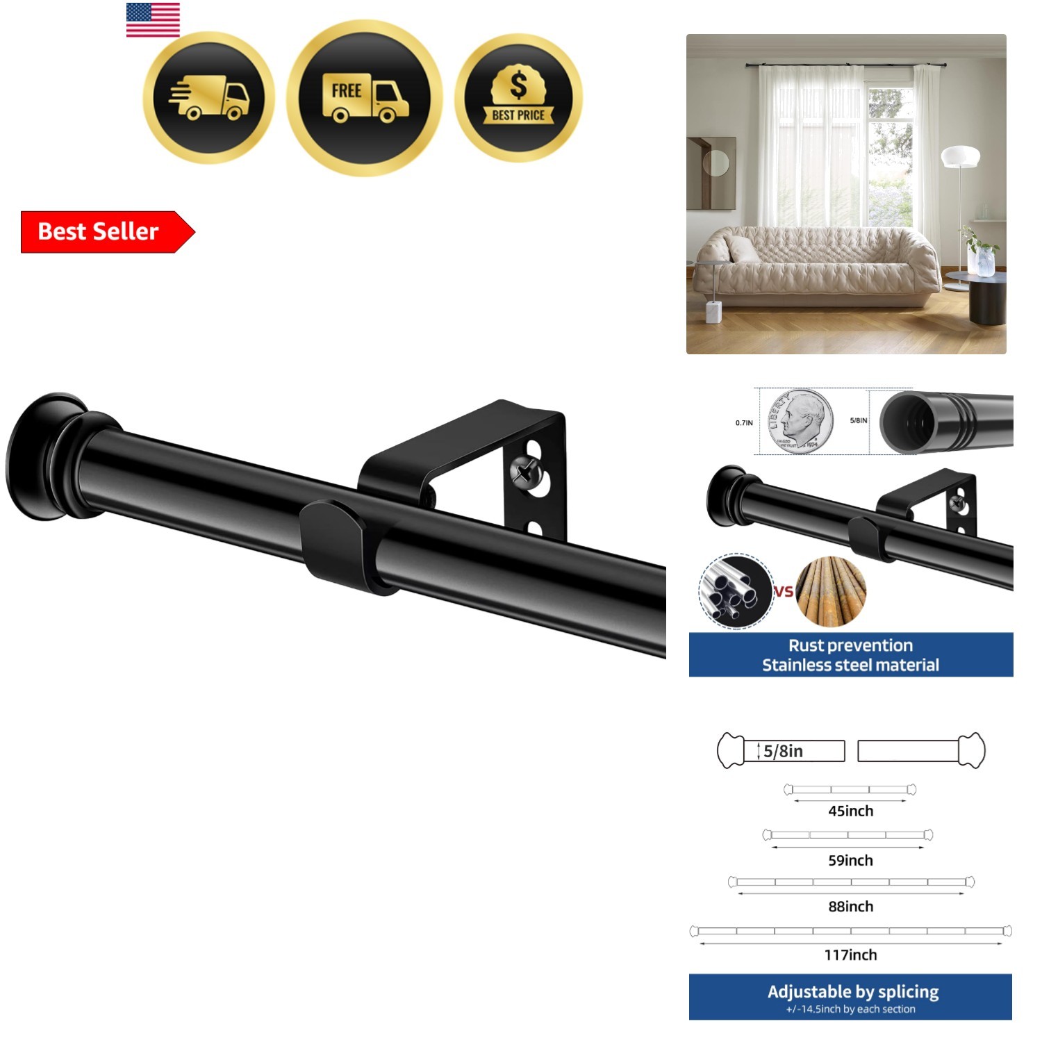 Small Curtain Rods for Windows 30″ to 45″ 5/8 Inch Standard Decorative Black …