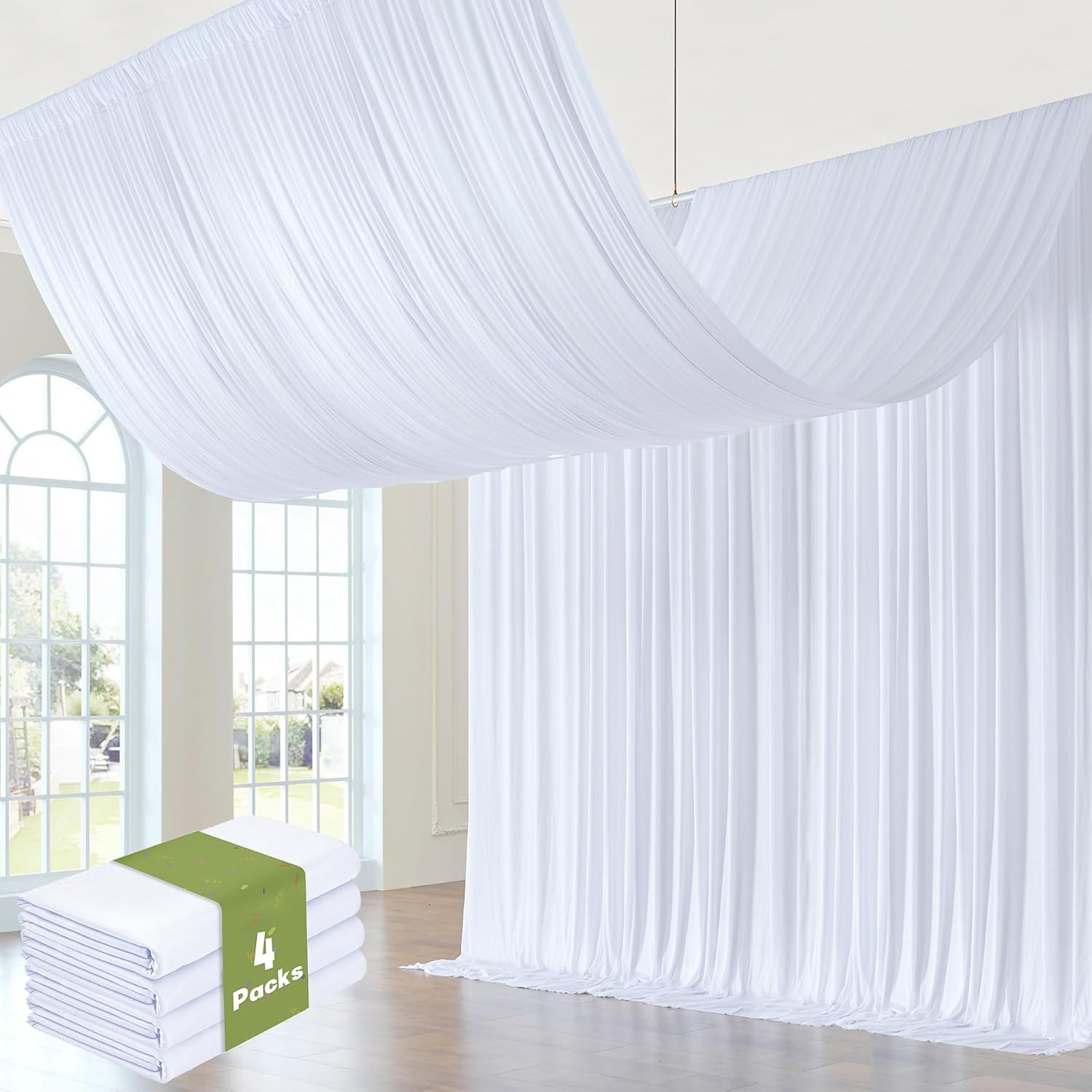 White Ceiling Drapes 4 Panels 5x20ft for Wedding & Party Decor, Wrinkle Free