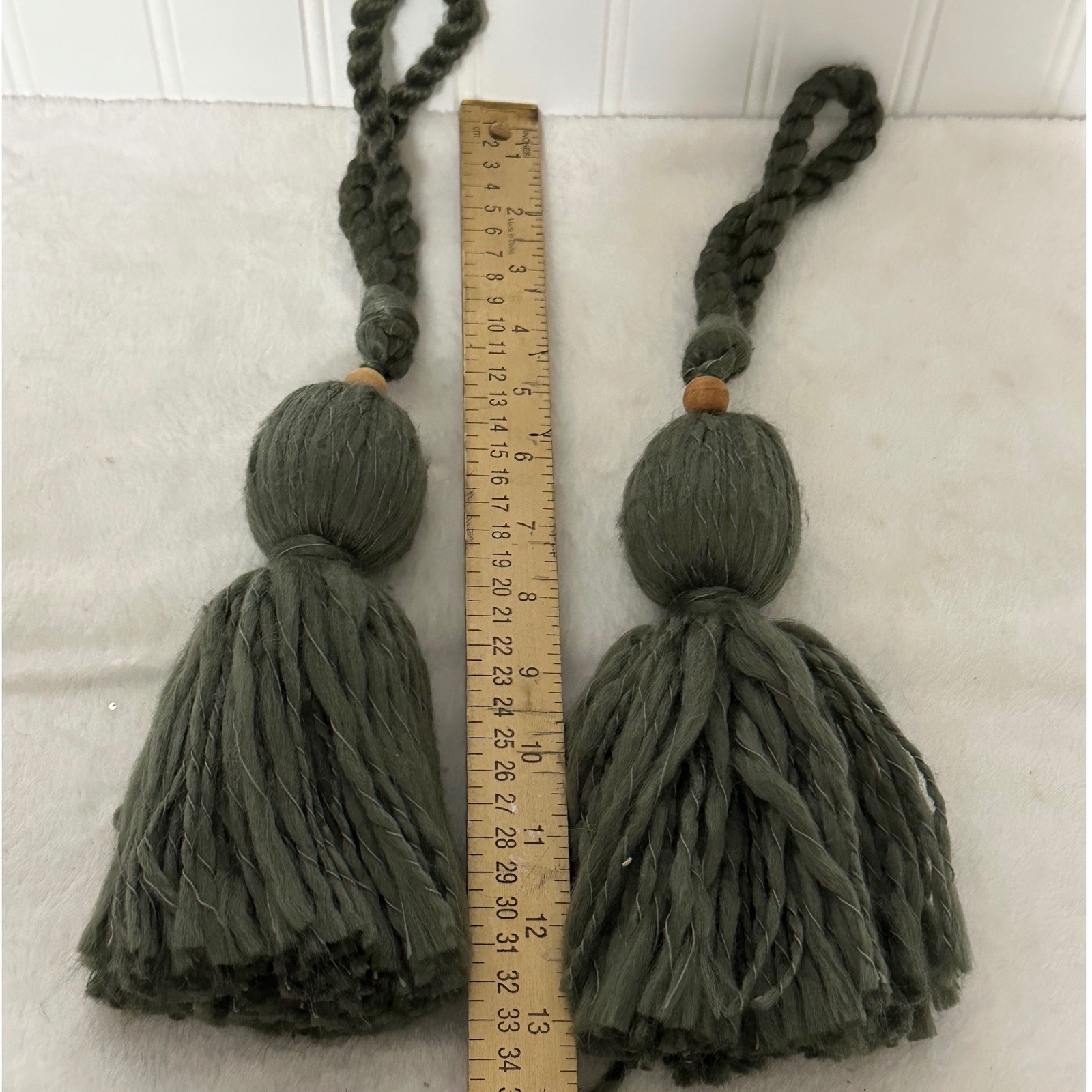 Unbranded Tassel Curtain Tiebacks Set 2 Olive Green Excellent Boho Wood macrame