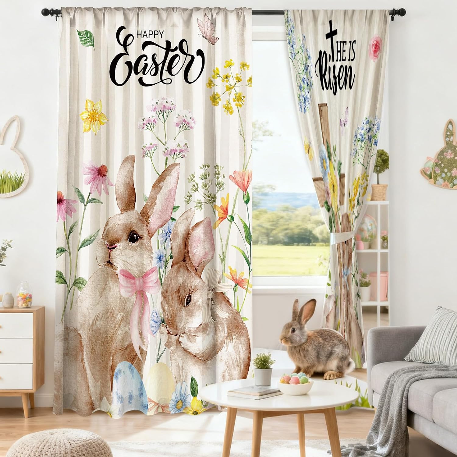 2 Pcs Easter Curtains for Living Room Rabbit Egg Cross Curtains 52 X 84 Inches E