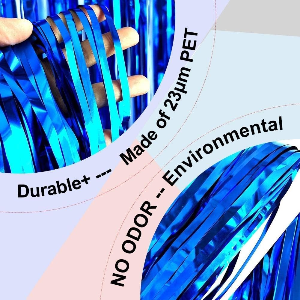 Blue Foil Fringe Curtain- 4 Pack of 3.2×8.2ft Blue Streamers Backdrop Curtain…