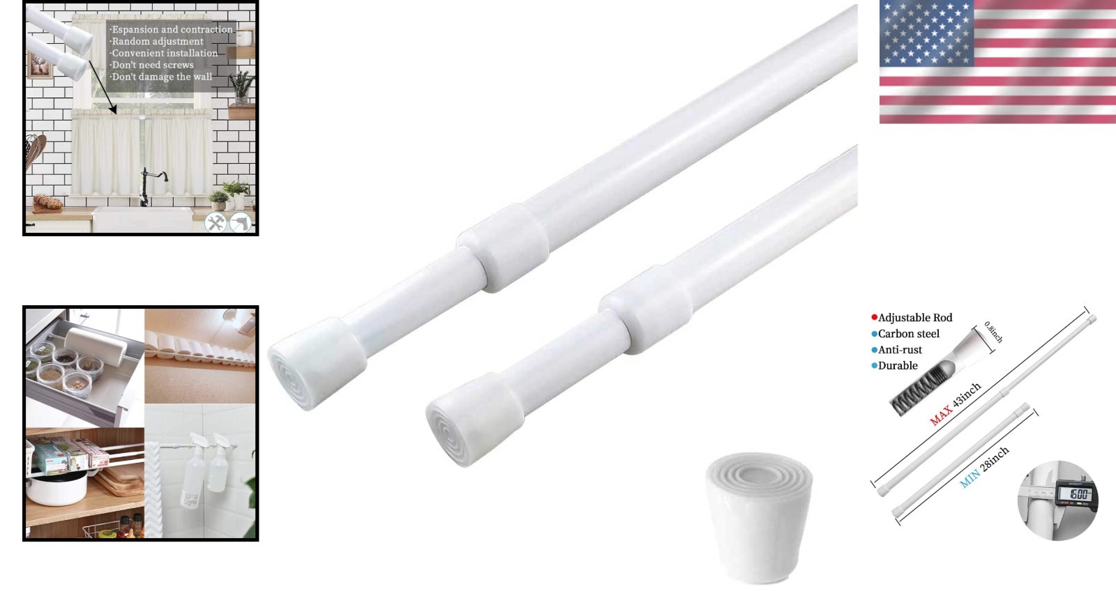 Durable Carbon Steel Spring Tension Curtain Rods, Adjustable 28-43”, 2 Pack