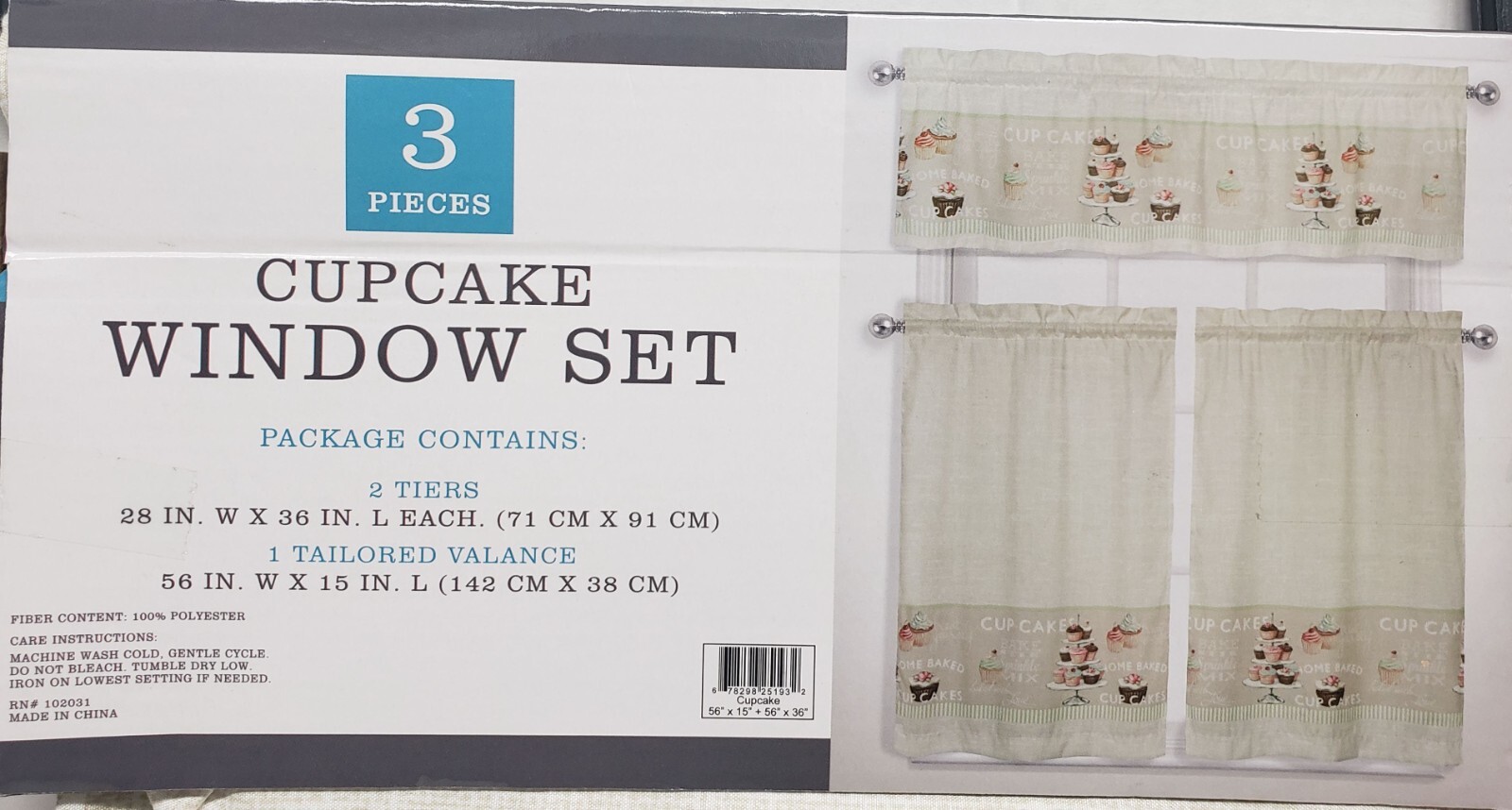 3 pc Printed Kitchen Curtains Set: 2 Tiers (28″x36″)& Valance (56″x15″) CUPCAKES