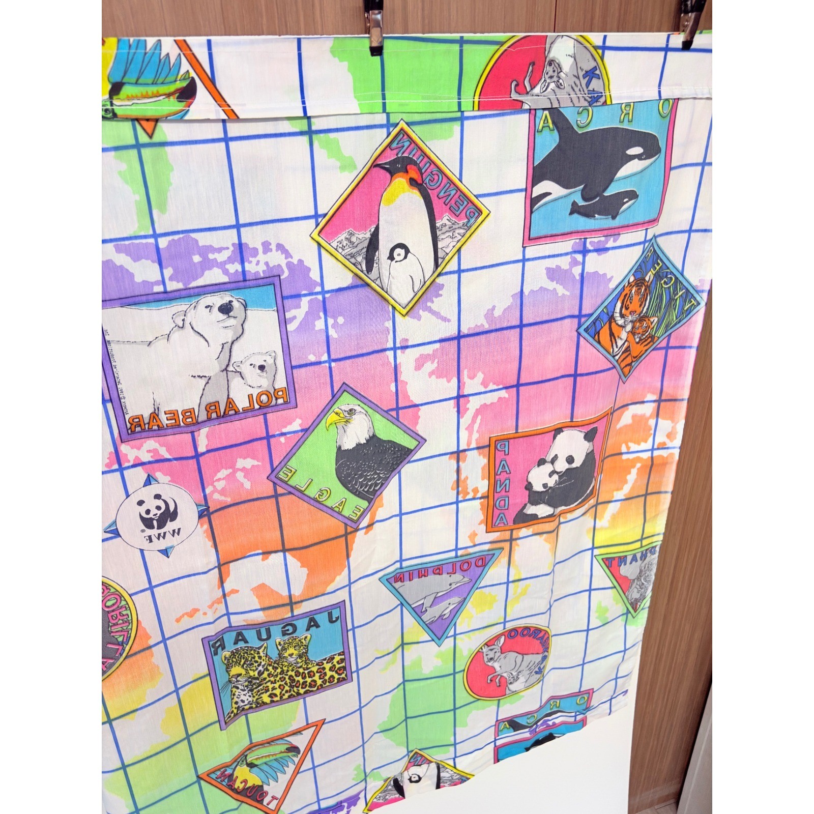 WWF Vintage 90s Rare Animal Map 4 panel Curtain Multi Color Retro Decor Wildlife