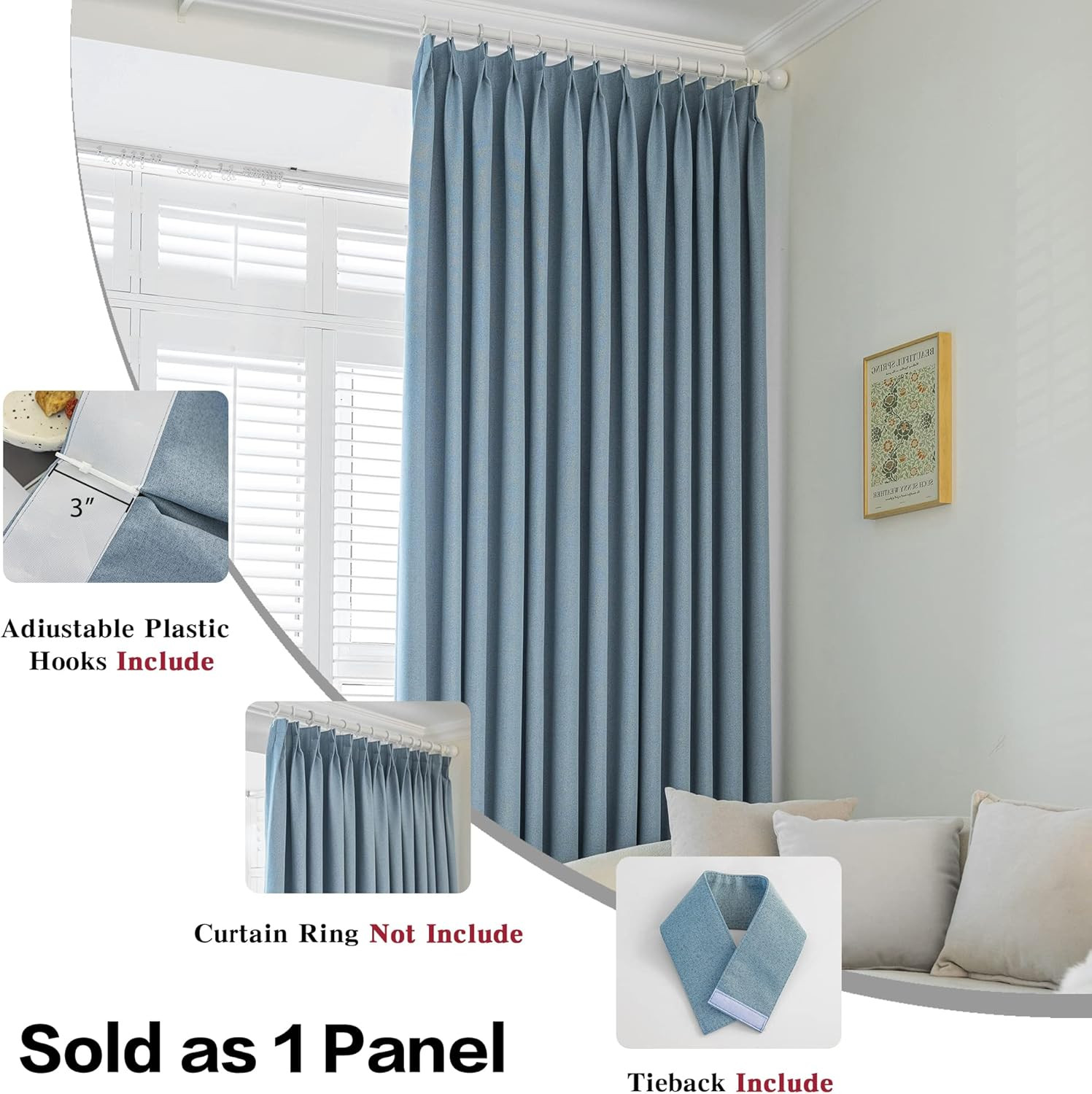 Dusty Blue Pleated Curtain 54×96″ – Total Blackout Thermal Insulated Drape