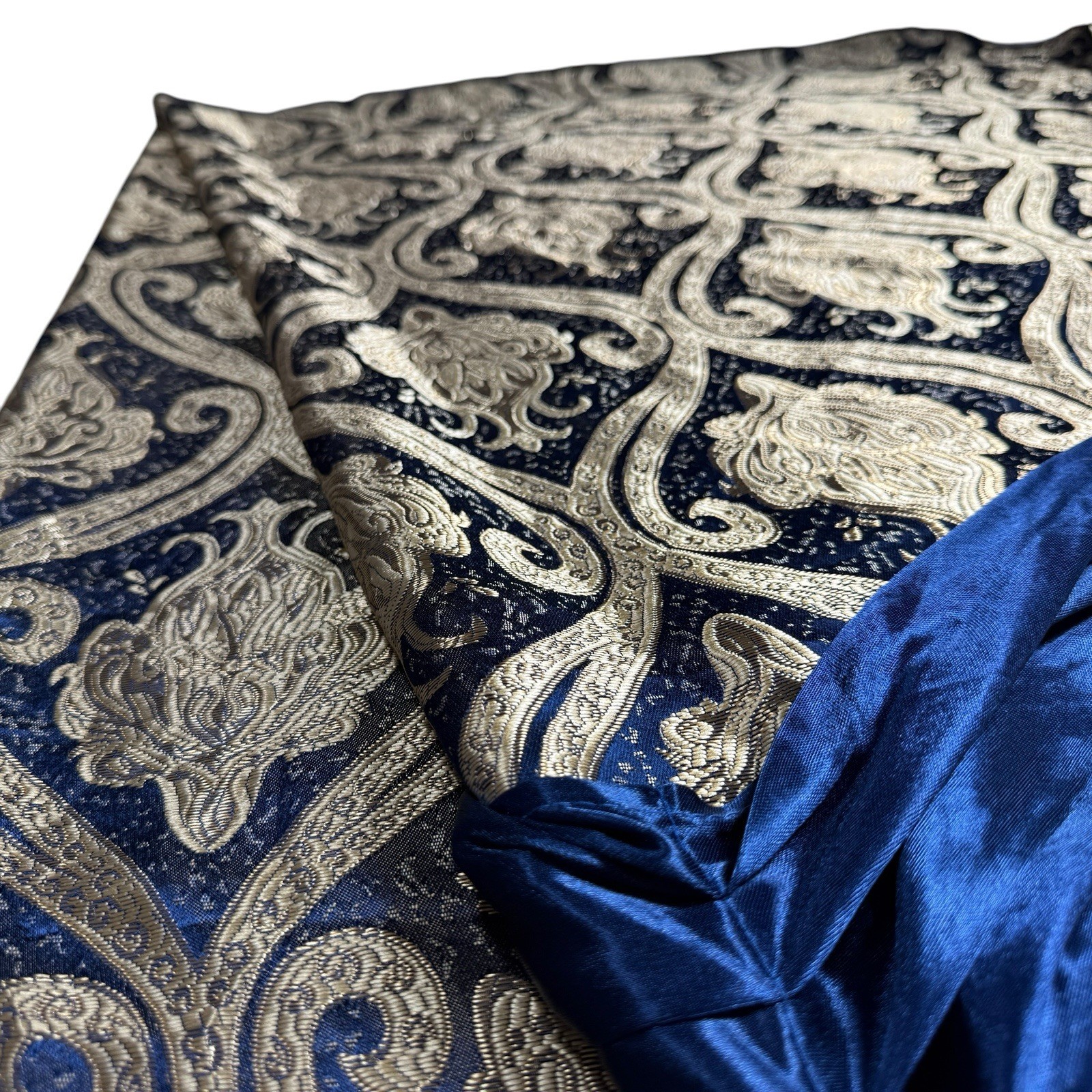 Single Gold Blue Jacuard Curtain Panel Damask Printed Attached Valance Luxury