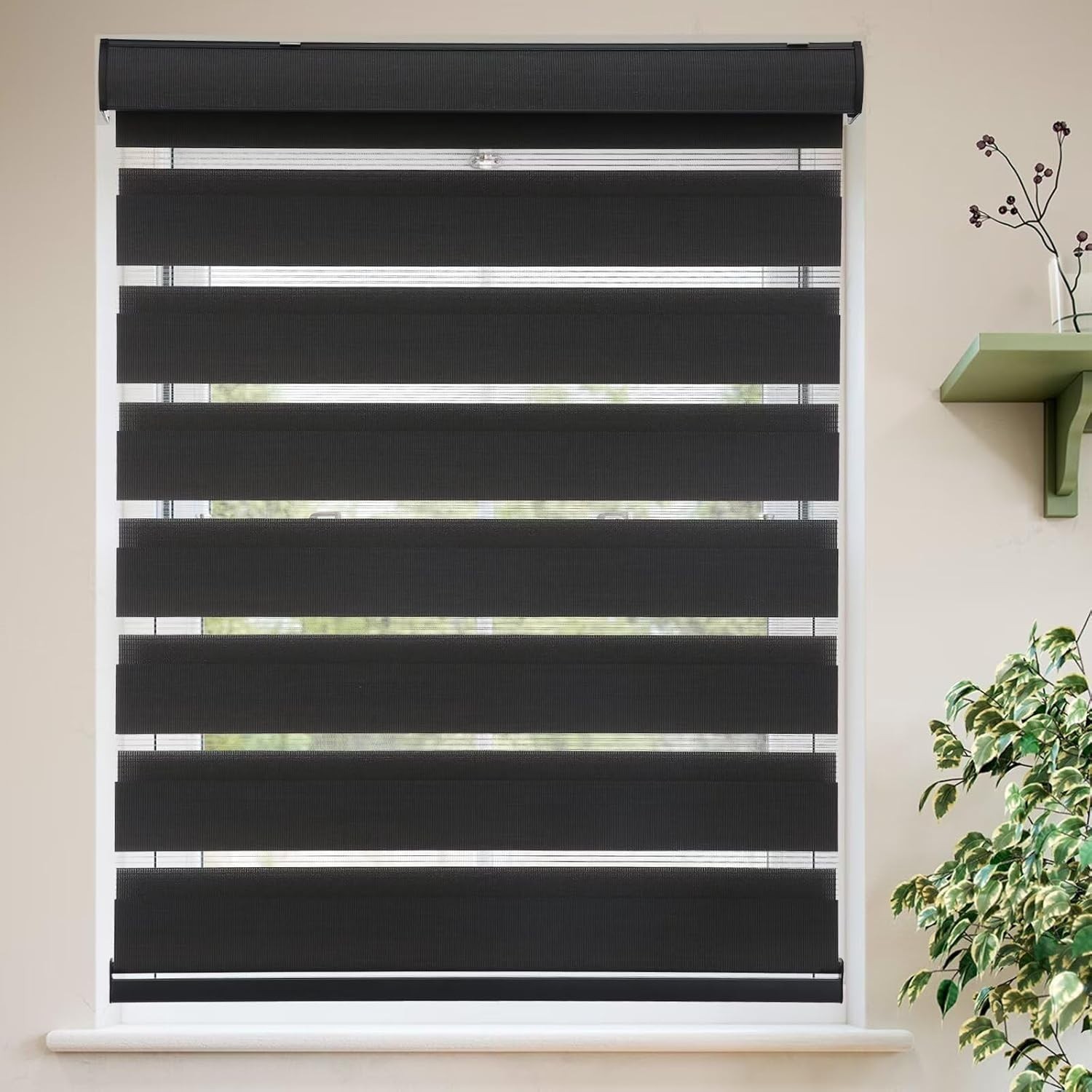 Roller Shades Zebra Blinds for Windows Cordless Light Filtering 23″ x 72″ Black