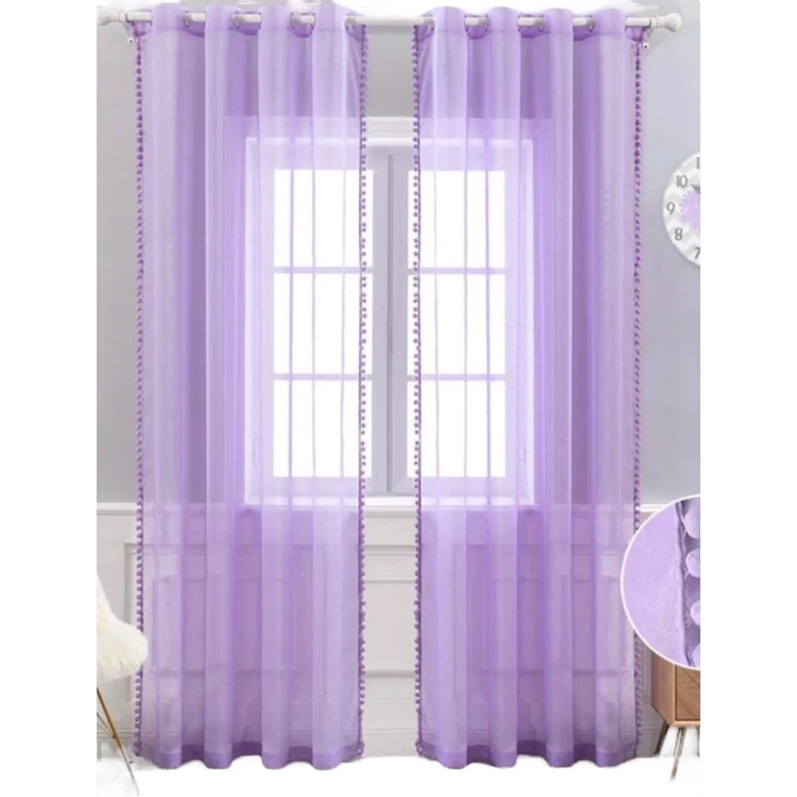 MIULEE Linen Textured 2 PCs Pom Pom Tasseled 72in Length Lavender Sheer Curtai