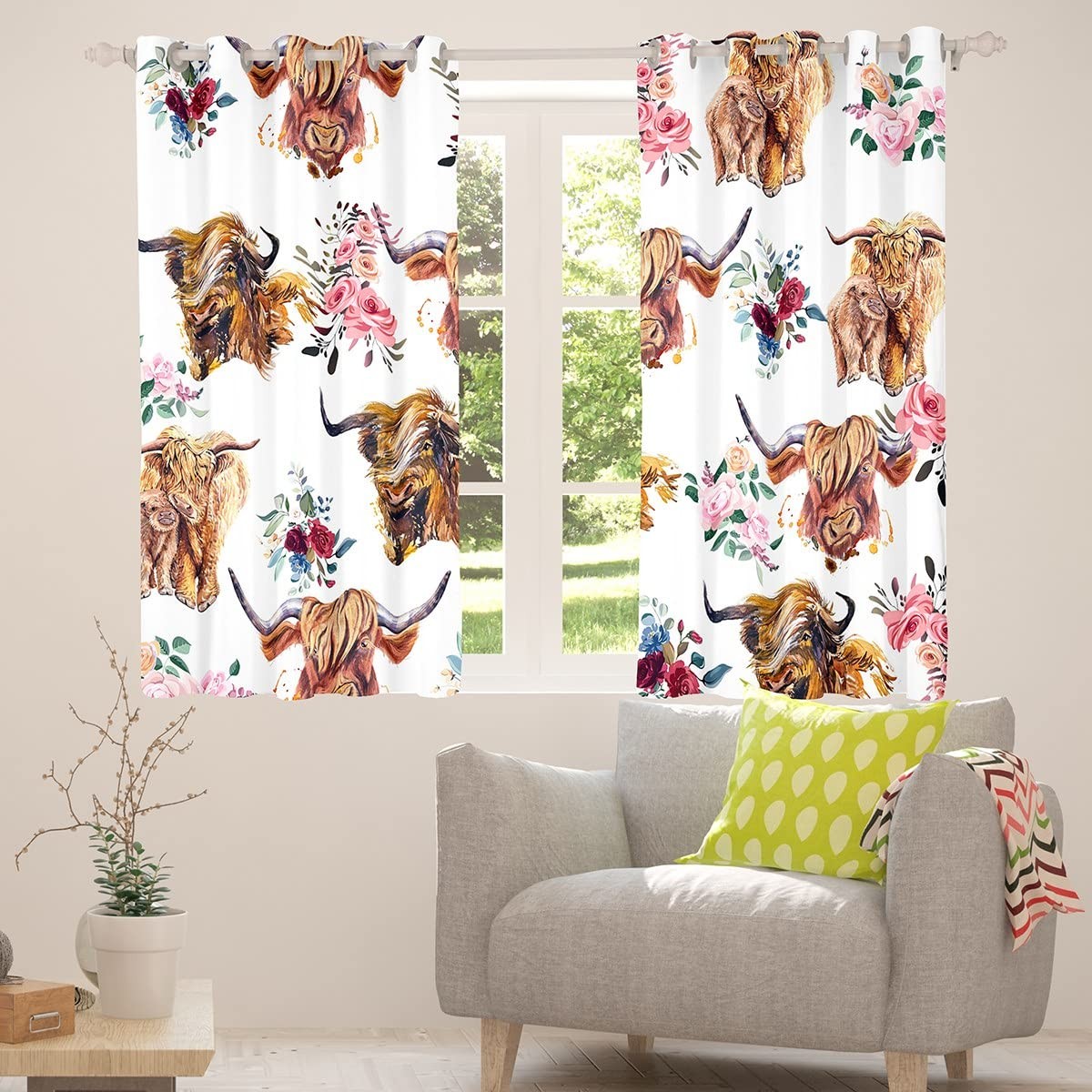 Highland Cow Darkening Drapes Girls Cute Highland Cattle Blackout Curtains Pi…