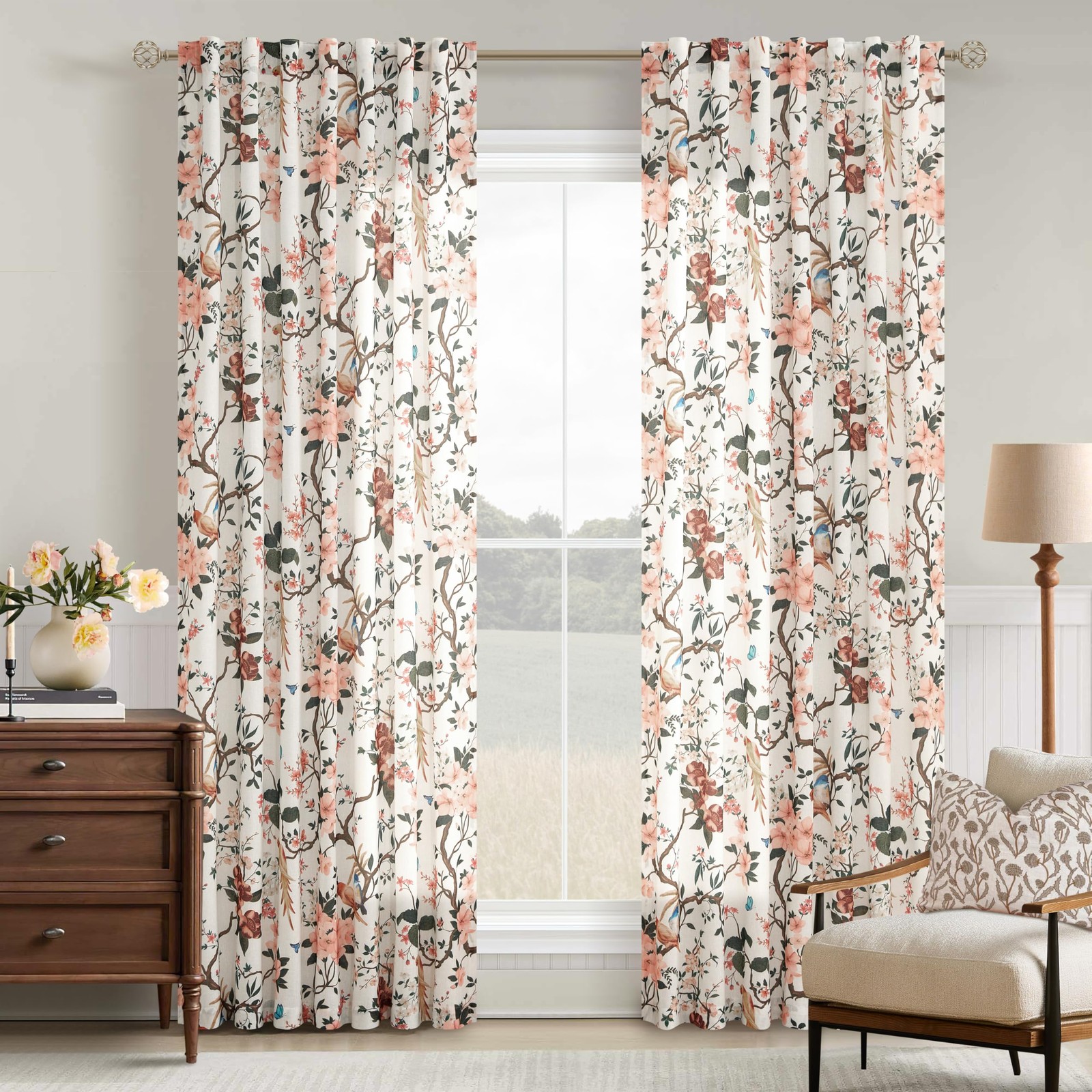 2 Panel 84″L Beige White Floral Linen Curtain Semi Sheer Light Filtering SEELUCK