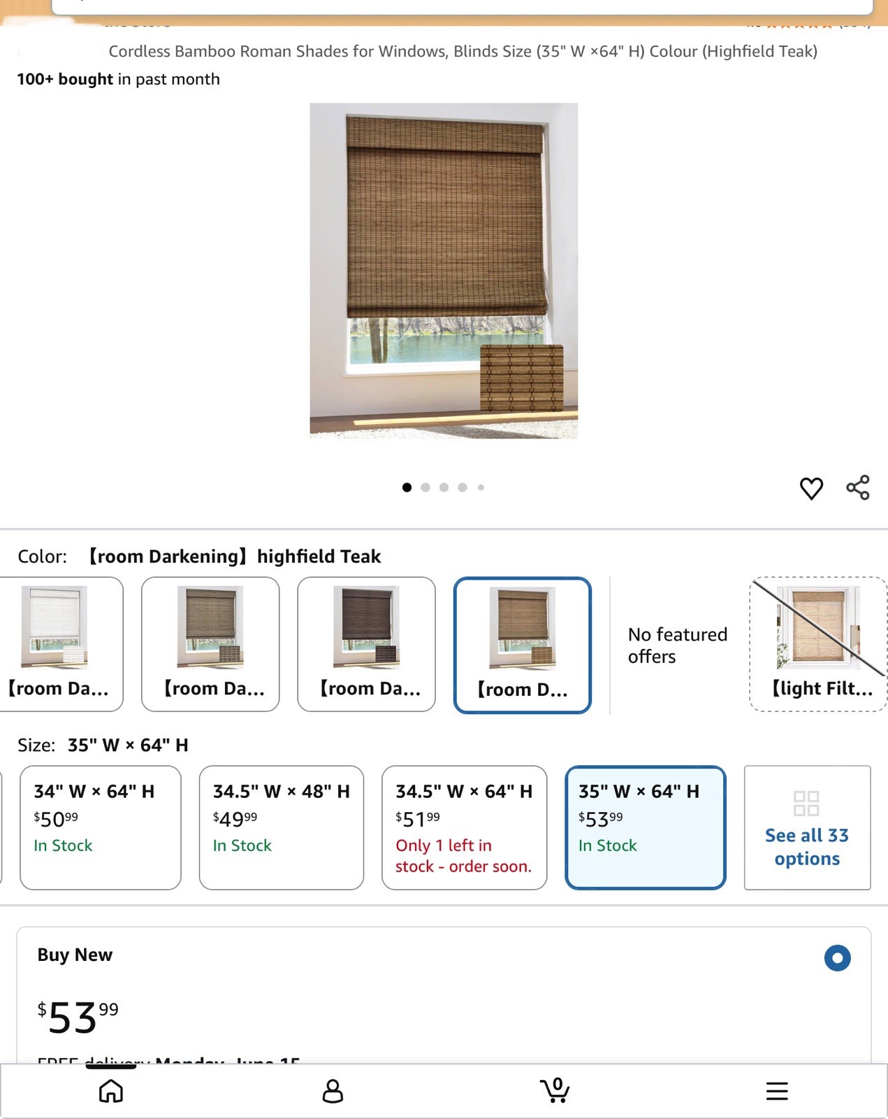 Cordless Blackout Bamboo Roman Shade 35×64″ Natural Inside Mount JPT006-ZLM-068