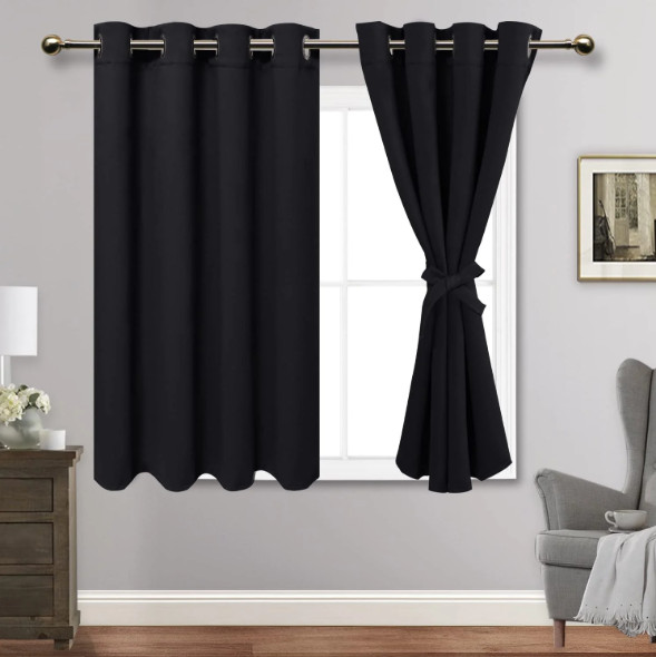 Juzhen Blackout Curtain Pair 52 In W X 45 In L Black 2 Panel Thermal Grommet NEW